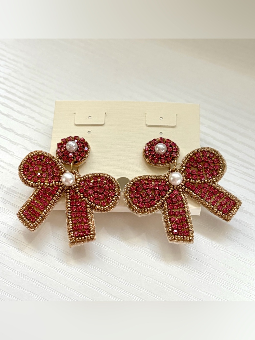 Pink Rhinestone Beaded Bow Pearl Statement Dangle Earrings